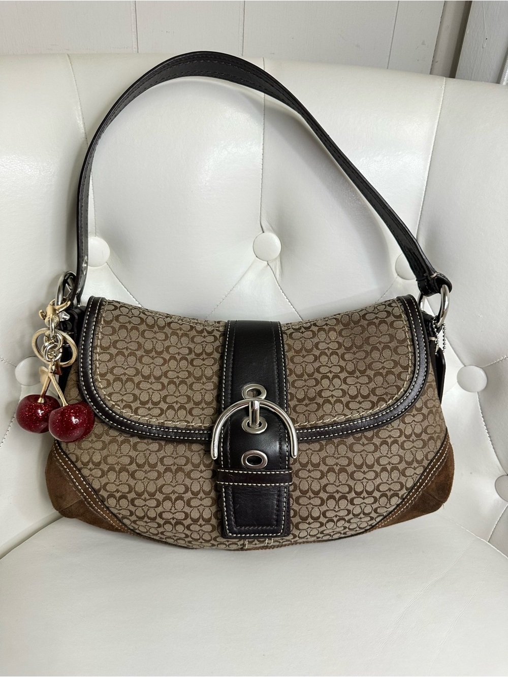 Coach Brown Signature Canvas Shoulder Bag with Black Leather Trim